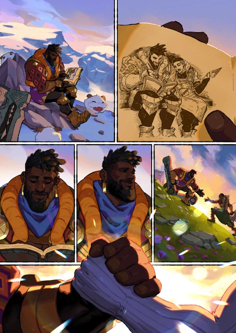 A close-up view shows K'Sante looking down with a tender, nostalgic smile at a colorful illustration of a shared memory under a rainbow. Looking at the book, K’Sante reminisces over this strengthening memory.
 