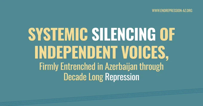 Campaign banner with gold and white text on teal background: "Systemic Silencing of Independent Voices, Firmly Entrenched in Azerbaijan through Decade Long Repression." www.endrepression-az.org
