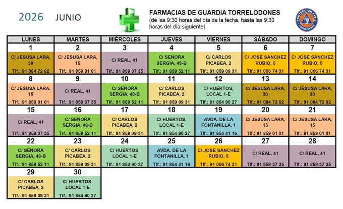 Lunes 1: Jesusa Lara, 30
Martes 2: Jesusa Lara, 15
Miércoles 3: Real, 41
Jueves 4: Señora Sergia, 48B
Viernes 5: Carlos Picabea, 2
Sábado 6: José Sánchez Rubio, 5
Domingo 7: José Sánchez Rubio, 5
Lunes 8: Jesusa Lara, 15
Martes 9: Real, 41
Miércoles 10: Señora Sergia, 48B
Jueves 11: Carlos Picabea, 2
Viernes 12: Huertos, local 1E
Sábado 13: Jesusa Lara, 30
Domingo 14: Jesusa Lara, 30
Lunes 15: Real, 41
Martes 16: Señora Sergia, 48B
Miércoles 17: Carlos Picabea, 2
Jueves 18: Huertos, local 1E
Viernes 19: Fontanilla, 1
Sábado 20: Jesusa Lara, 15
Domingo 21: Jesusa Lara, 15
Lunes 22: Señora Sergia, 48B
Martes 23: Carlos Picabea, 2
Miércoles 24: Huertos, local 1E
Jueves 25: Fontanilla, 1
Viernes 26: José Sánchez Rubio, 5
Sábado 27: Real, 41
Domingo 28: Real, 41
Lunes 29: Carlos Picabea, 2
Martes 30: Huertos, local 1E