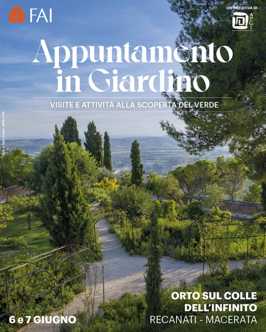 Veduta aerea dell'Orto sul Colle dell'Infinito con testi informativo su luogo a data.
