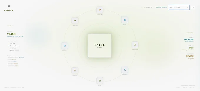Coopa v3.28.4 interface in light mode. A minimal, clean dashboard with a central "ENTER / START" portal surrounded by seven orbiting modules: Messages, Capsules, Drive, Memories, Network, Vault, Essence, Legacy. Left panel  System: Version v3.28.4, MECHANICAL_ENTITY_ACTIVE. Philosophy: Zero Trust, Permanent Storage, Web3 Identity, Quantum Protected. Status: MECHANICAL_ENTITY RUNNING, SYSTEM READY, STORAGE ACTIVE, IDENTITY VERIFIED, PROTECTION ACTIVE. Right panel  Network: Chain POLYGON AMOY_TESTNET, Storage IRYS ARWEAVE_PERMANENT, AI Engine GEMINI 3.0_FLASH. Bottom: "No servers. No tracking. Just your data." This is the development build not yet live. Coming soon.