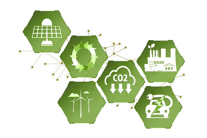 Decorative panel featuring green symbols representing sustainability and renewable energy over a white background.