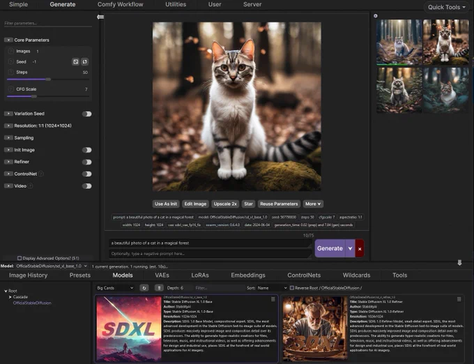 A user interface displays parameters for generating an image of a cat in a magical forest with various settings and models listed.