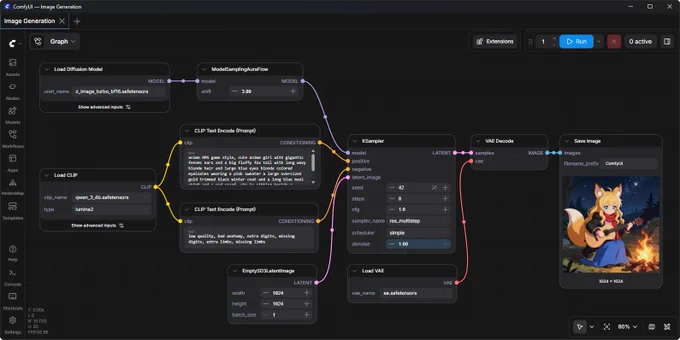 A graphical interface for an AI image generation tool shows models and parameters, including a character with fox ears playing guitar by a fire.