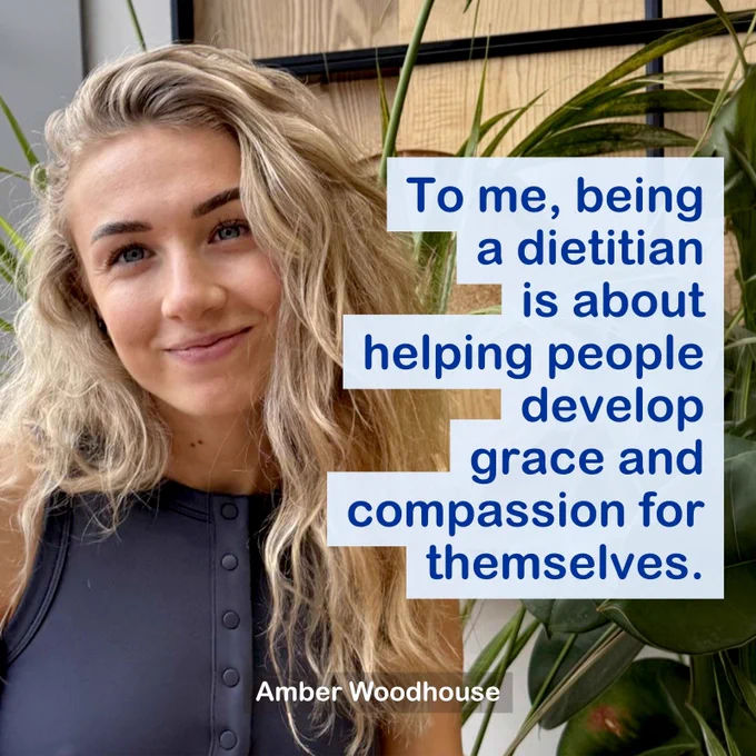 Blonde woman with curly hair stands near green plants wearing a dark sleeveless top, alongside a quote about dietitians fostering grace and compassion.