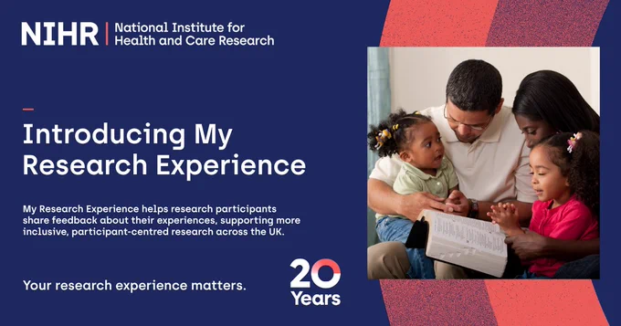 A promotional image from the National Institute for Health and Care Research (NIHR) introduces "My Research Experience." The left side features text on a dark blue background about sharing research participant feedback for inclusive research. The right side shows a diverse family, including a man, woman, and two young children, engaged in reading a book together. The NIHR logo is at the top left, with a "20 Years" logo at the bottom left corner. The background includes red and blue abstract patterns.