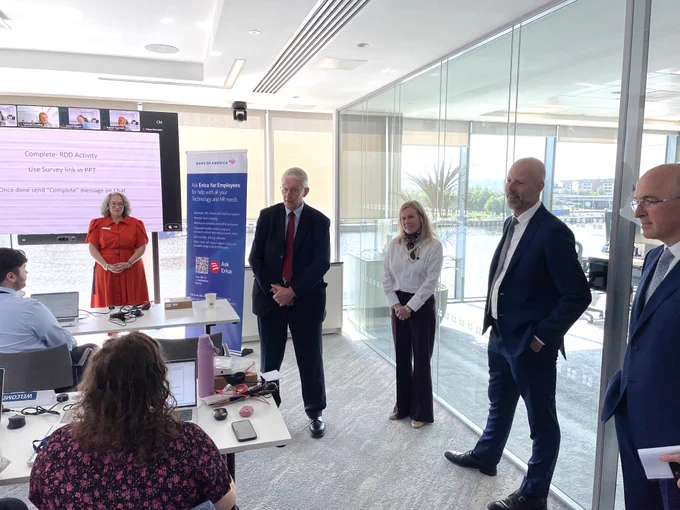 Secretary of State Hilary Benn visits the new Bank of America office in Belfast.