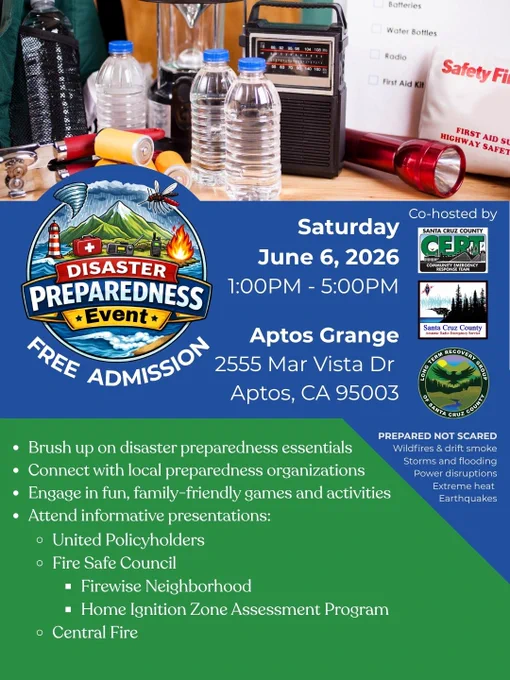 Disaster Preparedness Event at the Aptos Grange, 6/6/26, from 1-5 PM