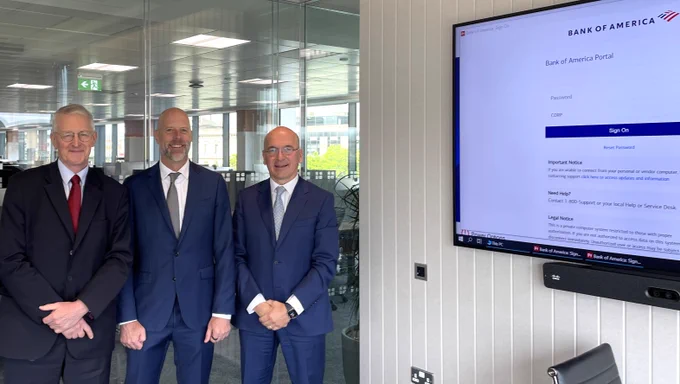 Secretary of State Hilary Benn visits the new Bank of America office in Belfast.