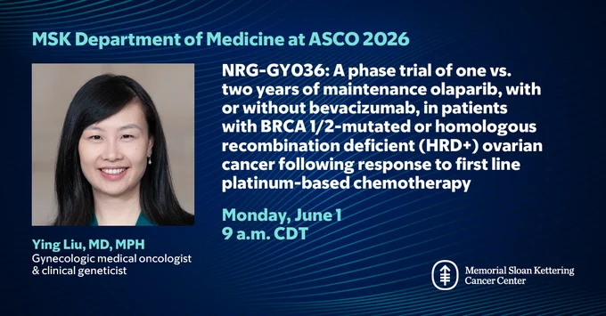 This image is a promotional graphic for an ASCO 2026 poster highlighting a phase trial of olaparib with or without bevacizumab for BRCA 1/2‑mutated ovarian cancer. Details include the speaker’s name and credentials, date (Monday, June 1), and time (9 a.m. CDT). 