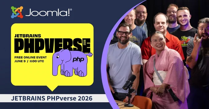 Photo of a diverse group at the JetBrains PHPVerse 2026 event, featuring Joomla! branding and a purple PHP elephant logo.