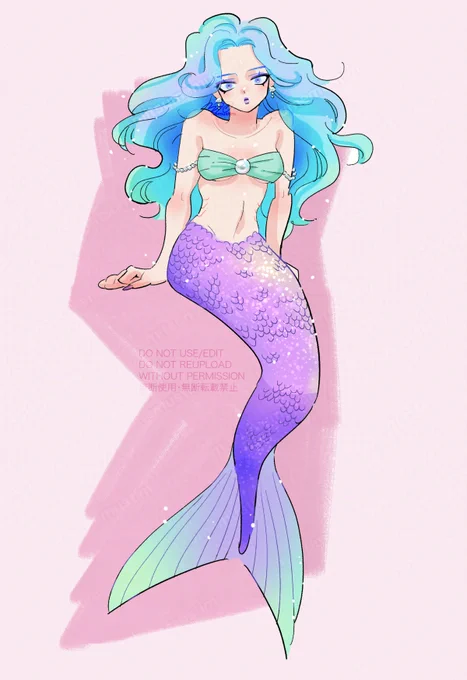 青色の長い髪と紫色の魚の尾を持つ人魚のイラスト。