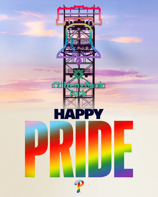 Graphic. Shot of Citizens Bank Park bell with rainbow overlay. Text reads "Happy Pride"