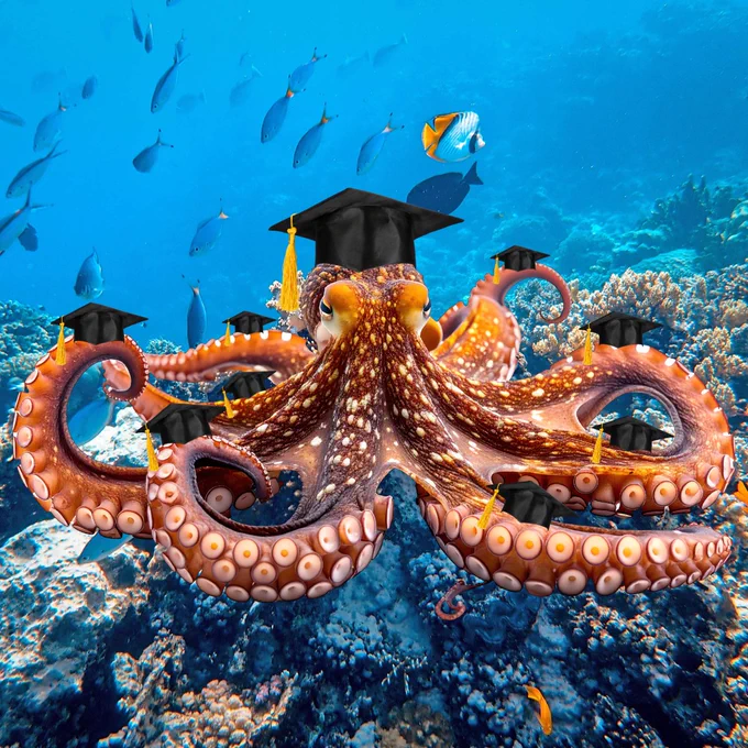 A large brown and white spotted octopus is shown in a vibrant underwater coral reef scene with numerous blue and yellow tropical fish swimming in the background. The octopus is wearing nine black graduation caps with gold tassels — one on its head and one on each of its eight arms — representing the central brain and the eight arm ganglia described in the post.