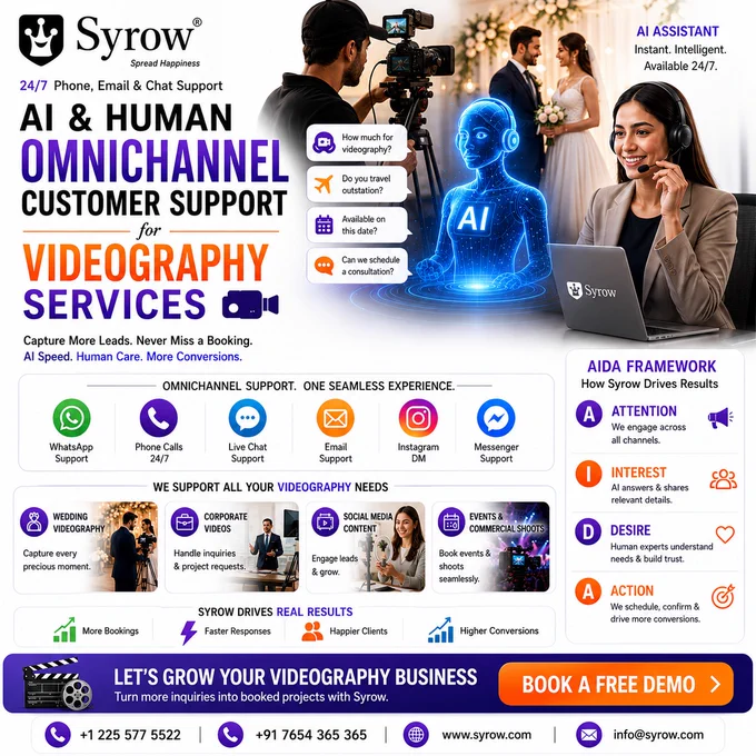 ⚡ AI Support for Videography Businesses 🎥

Syrow helps videography services convert enquiries into confirmed bookings with AI   Human omnichannel customer support. 📞🤖
From WhatsApp chats and live calls to social media messages and email support, Syrow ensures you never miss a potential client. 💬✨

🎯 Capture more leads. Respond instantly. Build stronger client relationships.
🚀 Faster replies. Better engagement. More revenue.

❓Ready to grow your videography business with smarter customer support solutions from Syrow?

#Syrow #Videography #AISupport #CustomerSupport #LeadGeneration #BusinessGrowth #WhatsAppSupport #VideoProduction #OmnichannelSupport #LiveChat #HumanSupport #CreativeBusiness #CustomerEngagement
