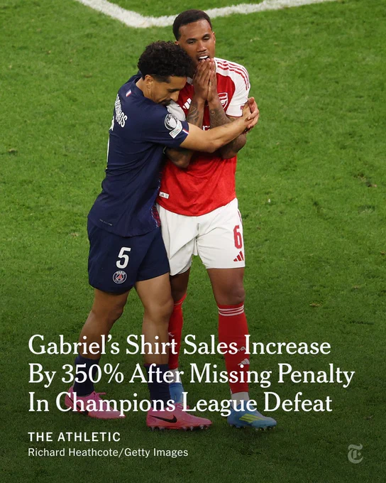 Gabriel of Arsenal is hugged by Marquinhos of Paris Saint-Germain after missing the team's fifth penalty in the penalty shootout during Saturday's Champions League Final. Headline: Gabriel’s Shirt Sales Increase By 350% after Missing Penalty In Champions League Defeat