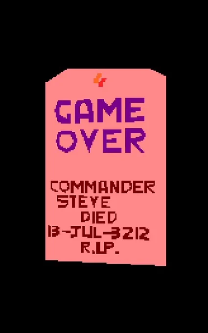 Game Over headstone from Frontier Elite 2 (Gametek, 1993), which appears after the anti-theft spot checks have been failed.