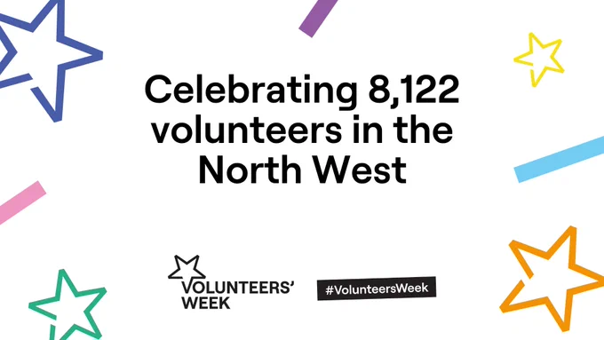 Graphic celebrating 8,122 volunteers in the North West with colorful stars and Volunteers' Week logos.