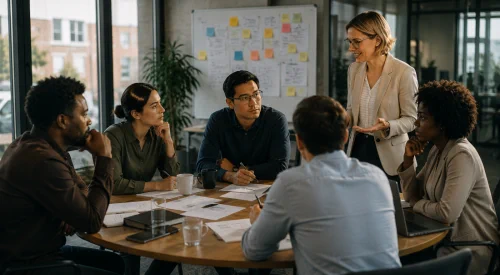 A diverse team engaged in a collaborative meeting around a table covered with documents and laptops in a modern office setting.