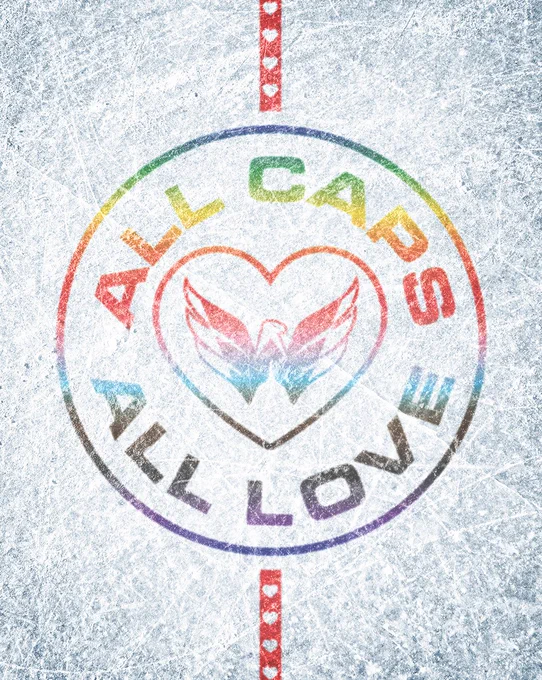 A graphic that shows an overhead view of an ice rink with a rainbow-colored logo at center ice reading "ALLCAPS ALL LOVE" and a center red line adorned with hearts.