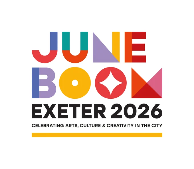 Colourful geometric logo reading “JUNE BLOOM EXETER 2026.” Below the title, black text reads: “Celebrating Arts, Culture & Creativity in the City.” The design uses bright red, orange, yellow, teal, blue, and purple shapes on a light grey background.