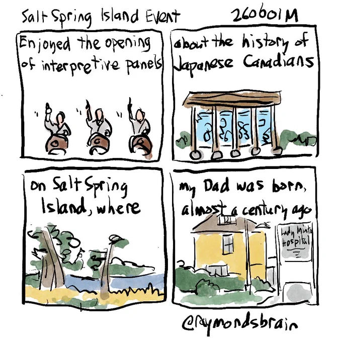 Taiko drummers; interpretive panels; seashore; old hospital