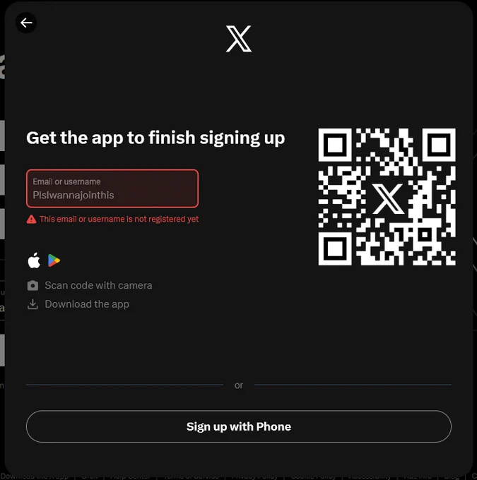 X (Formerly Twitter) Sign up page says Get the app to finish signing up.