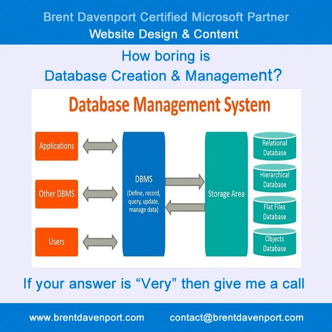 How boring is creating a database, not to mention managing it!

Database Creation & Management is just one of the many services we offer.

Click below  FREE 30 MINUTE CONSULTATION:-
https://bookings.cloud.microsoft/book/BrentDavenportWebDesign@rndsolutions.uk/?ismsaljsauthenabled

PHONE: 0161 552 8205
MOBILE: 07387 357730
MOBILE: 07387 357730
Email: contact@brentdavenport.com
https://brentdavenport.com/index.html

#dbms #sql #database #sqldeveloper #sqldatabase #programming #manualtesting #qspiders #jspiders #coding #qatesting #dba #cplusplusprogramming #datastructuresandalgorithms #databasemanagement #java #jetpackcompose #data #html 