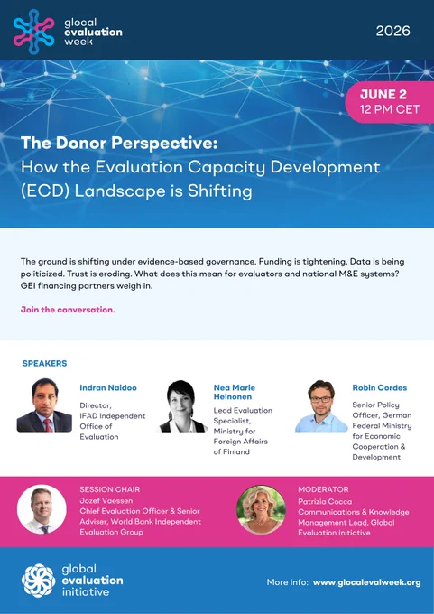 Glocal 2026 Session | The Donor Perspective: How the Evaluation Capacity Development (ECD) Landscape is Shifting | June 2, 12:00 PM CET)

Speakers:
Indran Naidoo - Director, IFAD Independent Evaluation Office
Nea Marie Heinonen - Lead Evaluation Specialist, Ministry for Foreign Affairs of Finland
Robin Cordes - German Federal Ministry for Economic Cooperation and Development

Session Chair:
Jozef Vaessen - Chief Evaluation Officer and Senior Adviser, World Bank Independent Evaluation Group
Patrizia Cocca - Communications and Knolwedge Management Lead, Global Evaluation Initiative
