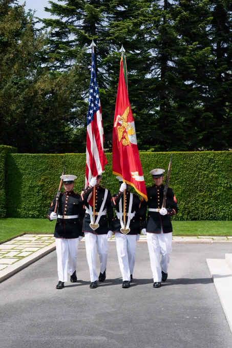 U.S. Marines with U.S. Marine Corps Forces Europe and Africa color guard march on the colors at the Oise-Aisne American Cemetery, France, May 24, 2026. The event is one of four joint memorial ceremonies held by U.S., French, and German military forces to mark the 108th anniversary of the historic World War I battle. This annual commemoration honors the legacy of service members who gave their lives in defense of the United States and European allies, highlighting the enduring bond between partner nations (U.S. Marine Corps photo by Gunnery Sgt. Donato Maffin)\n\n