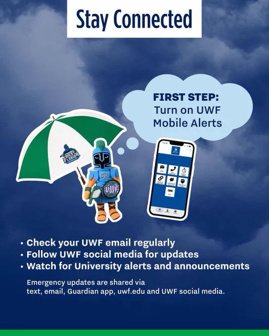 Graphic of color-blue background with color-white clouds and color-light blue thought bubble with Argie the Argonaut. Text: Stay Connected. First step: Turn on UWF Mobile alerts. West Florida Argonauts. Check your UWF email regularly. Follow UWF social media for updates. Watch for university alerts and announcements. Emergency updates are shared via text, email, uwf.edu, and UWF social media. 