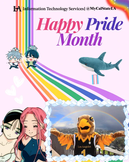 Colorful rainbow arcs across a pastel background with anime characters, a shark holding a transgender flag, and a mascot under a rainbow, celebrating Pride Month.