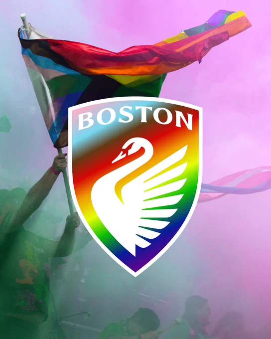 Boston Legacy FC pride crest over a photo of a supporter waving the Pride flag after a BLFC goal at Centreville Bank Stadium.
