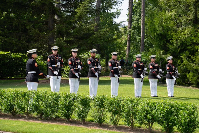 U.S. Marines with U.S. Marine Corps Forces Europe and Africa rifle detail stand at present arms at the Oise-Aisne American Cemetery, France, May 24, 2026. The event is one of four joint memorial ceremonies held by U.S., French, and German military forces to mark the 108th anniversary of the historic World War I battle. This annual commemoration honors the legacy of service members who gave their lives in defense of the United States and European allies, highlighting the enduring bond between partner nations (U.S. Marine Corps photo by Gunnery Sgt. Donato Maffin)\n\n