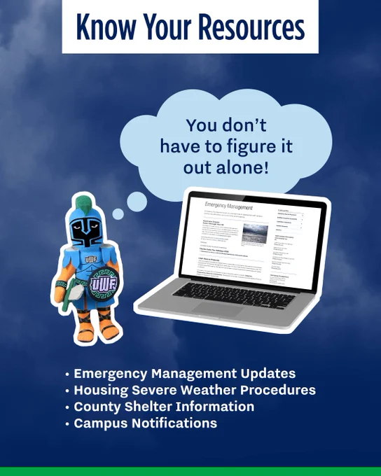 Graphic of color-blue background with color-white clouds and color-green bottom border. Text: Know your resources. You don’t have to figure it out alone! Emergency Management. Emergency Management Updates. Housing severe weather procedures. County shelter information. Campus notifications. 
