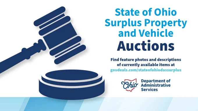 Graphic of a judge's gavel with text promoting Ohio's surplus property and vehicle auctions by DAS.