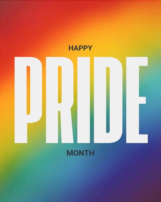 Graphic with a rainbow gradient background transitioning from red and orange at the top through yellow, green, blue and purple. Large white text in the centre reads “PRIDE”, with smaller dark text above and below reading “HAPPY” and “MONTH”, forming the message “Happy Pride Month”.