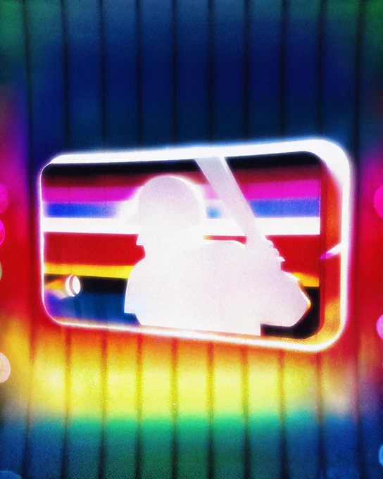 A version of the MLB logo with the colors of the Pride flag glows above a rainbow gradient background with subtle pinstripes. 