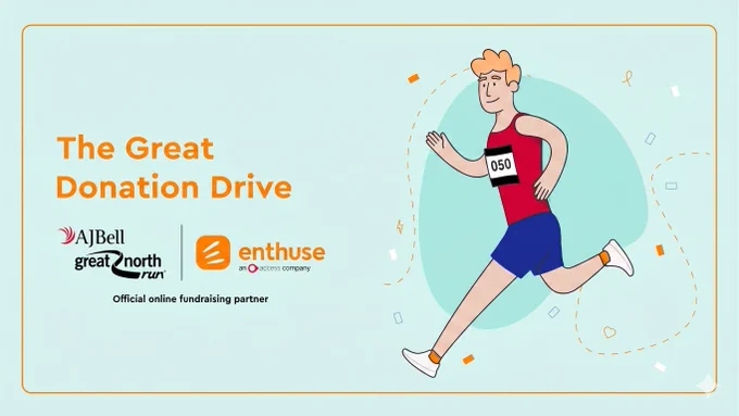 light green background image with a cartoon runner on the right hand side, text reads the great donation drive