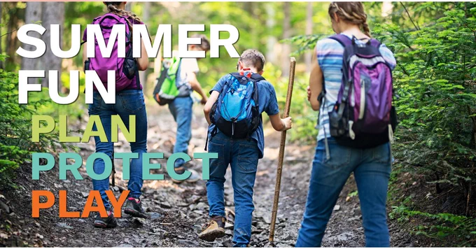 a group of kids hiking down a trail in the forest. Text reads: Summer Fun: Plan Protect Play