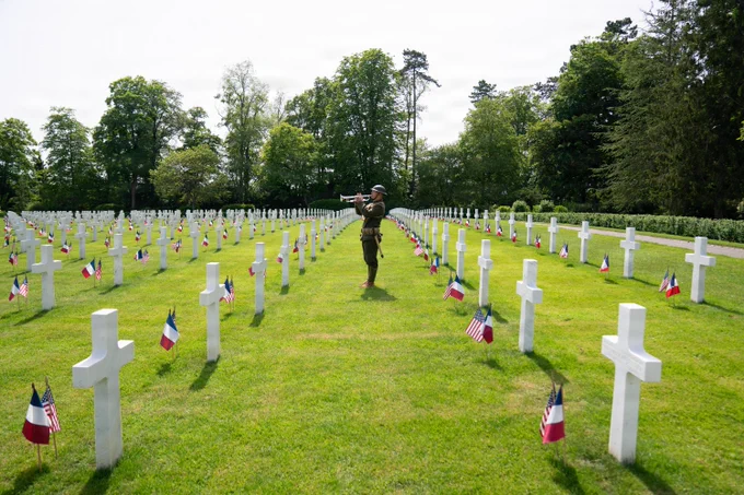 U.S. Marine Corps Cpl. Joseph Kim, a trumpet instrumentalist with the 2nd Marine Division band, plays his trumpet at the Oise-Aisne American Cemetery, France, May 24, 2026. Kim played his trumpet while dressed in the WWI Marine Corps uniform. The event is one of four joint memorial ceremonies held by U.S., French, and German military forces to mark the 108th anniversary of the historic World War I battle. This annual commemoration honors the legacy of service members who gave their lives in defense of the United States and European allies, highlighting the enduring bond between partner nations (U.S. Marine Corps photo by Gunnery Sgt. Donato Maffin)\n\n