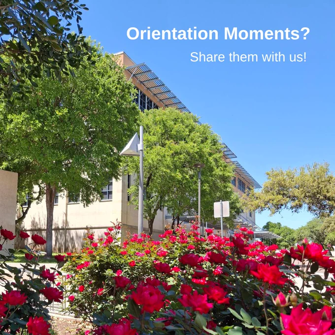 Bright red roses bloom in front of a modern campus building under a clear blue sky, inviting students to share orientation moments.