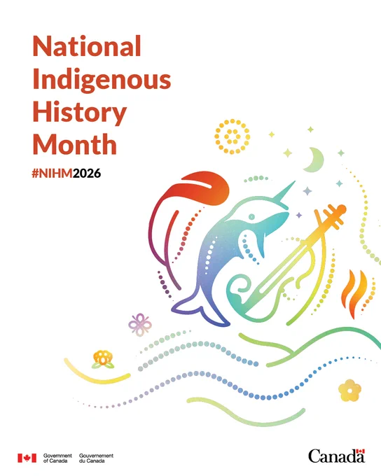 An image featuring intertwined illustrated symbols representing First Nations, Inuit and Métis: a feather, a narwhal and a fiddle, rendered in a flowing rainbow gradient. Surrounding these central symbols are decorative elements representing other aspects of First Nations, Inuit and Métis cultures.