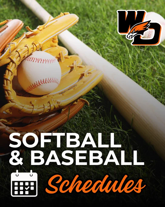 Close-up of a baseball glove holding a ball next to a bat on grass with softball and baseball schedules text.