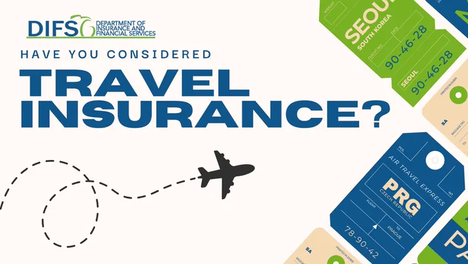 Flying airplane with luggage tags and message that reads, “Have you considered travel insurance?”