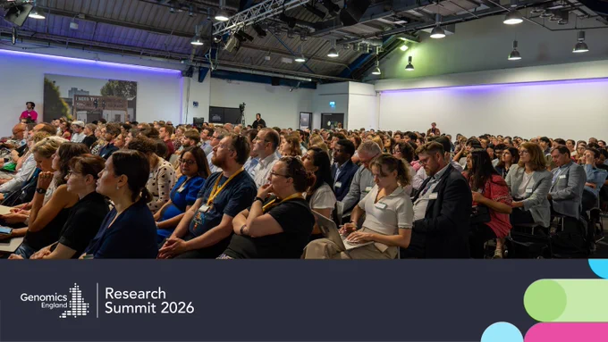 Large audience during a talk at the Genomics England Research Summit 2025.