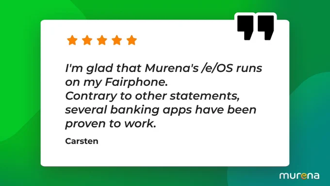 User quote by Carsten, who explains that he's very happy that eOS runs on their Fairphone and that several banking apps work fine