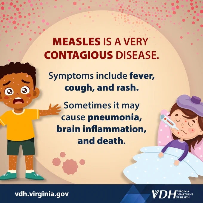 Illustration explaining measles as a highly contagious disease with symptoms like fever, cough, rash, and serious complications including pneumonia and brain inflammation.