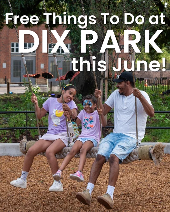 Three people swinging together on a large rope swing at a playground on a sunny day. Text overlay reads Free Things To Do at Dix Park this June!