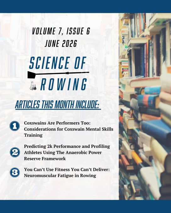 Digital cover of Science of Rowing, Volume 7, Issue 6, highlighting articles on coxswain mental skills, 2k performance, and neuromuscular fatigue.